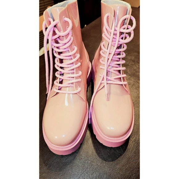 BNWoT NEVER WORN Chunky Pink platform LaceUp Boots Wellies Rubber Platform Shoes - Picture 11 of 14